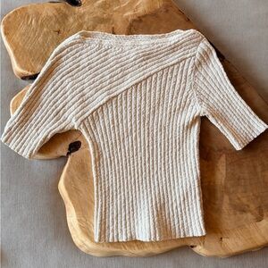 Anthropologie Maeve Cream Ribbed Short-Sleeve Scoop Neck Sweater